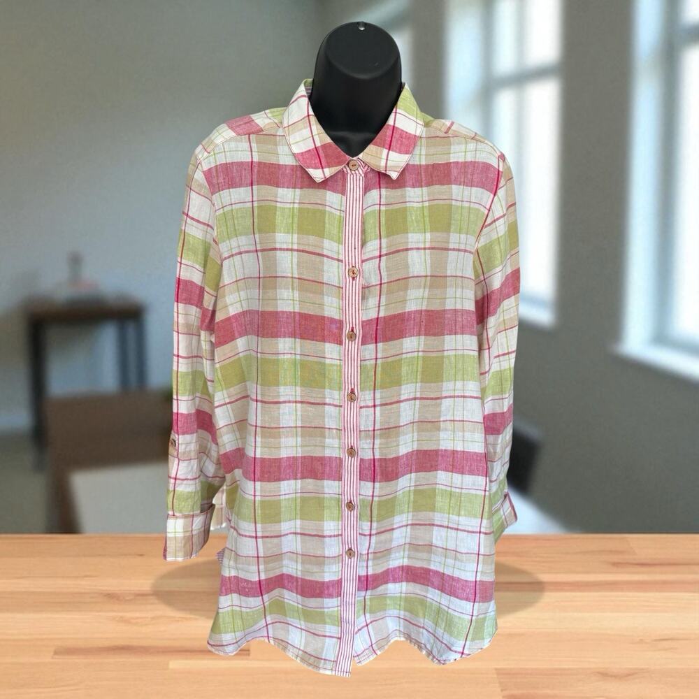 FoxCroft Linen Pink Plaid Stripe Button Up Shirt Long Sleeve Tunic Top Sz 16